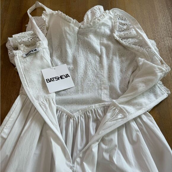 BATSHEVA A-Line Maxi Dress White Size 2 Eyelet Lace Ruffle‎ Corset Shape Bodice - Picture 9 of 15